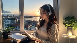 (1girl), ((beautiful eyes, long wavy hairs, brown hair, Hair tousled by the breeze)),
a peaceful and relaxing scene, with a girl listening to music on her headphones, sitting on a windowsill overlooking a city, with soft colors and night lighting, some plants and books around her, and a cat sleeping on her lap