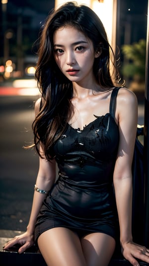 (short dress), (masterpiece),((ultra-detailed)), beautiful long wavy brown hair, Detailed beautiful delicate eyes, brown eye pupil, a face of perfect proportion, 20s, slender face, small breast, close up camera, focus on eyes, asian girl, (dark night: 1.8), soft and faint light on face,
