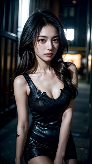 (short dress), (masterpiece),((ultra-detailed)), Overhead lights illuminate beautiful long wavy brown hair, Detailed beautiful delicate eyes, brown eye pupil, a face of perfect proportion, 20s, slender face, close up camera,  focus on eyes, asian girl, (dark night: 1.8), low light on face,