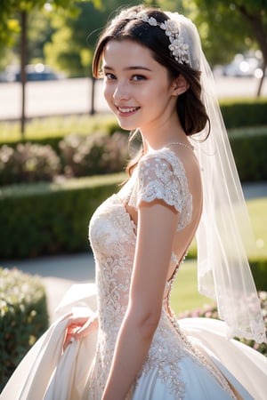 a teen girl, 18 years old, smile, modern long lace Wedding Dresses For The Bold Bride, wedding_band, in the middle of garden, luxury jewelry, high resolution, photorealistic, photo, realism, LinkGirl, aesthetic portrait, (( 3/4 body portrait)), flower_hair_ornament, viewed_from_side