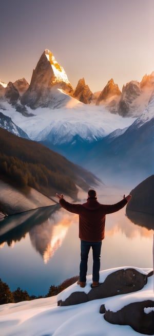 A man stood on a stone with his hands raised. He faces the snowy mountains in the background, with his back to the camera. The tops of the mountains are covered with white snow. The early morning sunlight shines on the mountains, reflecting the beautiful scene.