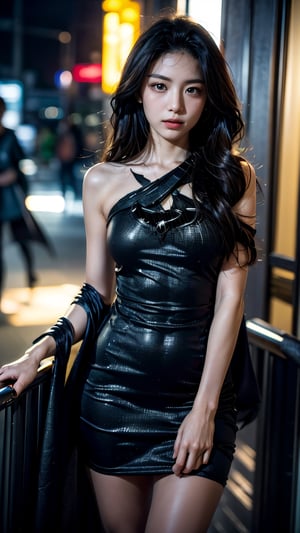 (short dress), (masterpiece),((ultra-detailed)), Overhead lights illuminate beautiful long wavy brown hair, Detailed beautiful delicate eyes, brown eye pupil, a face of perfect proportion, 20s, slender face, close up camera,  focus on eyes, asian girl, (dark night: 1.8)