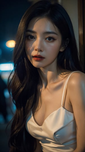 (light dress), (masterpiece),((soft light)), beautiful long straight brown hair, a face of perfect proportion, 20s, pink lipstick, small breast, close up camera, focus on eyes, (dark: 1.8), (night: 1.6), Hongkong street, lure, sexy, 