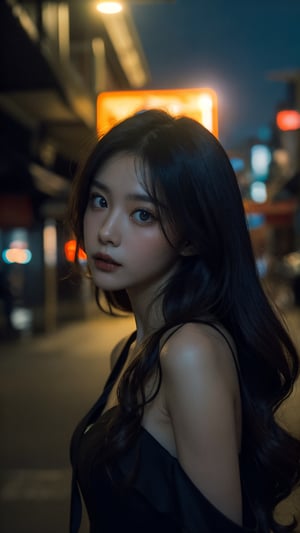 (dress), (masterpiece),((soft light)), beautiful long wavy brown hair, Detailed beautiful delicate eyes, brown eye pupil, a face of perfect proportion, 20s, skinny, small breast, close up camera, focus on eyes, (dark: 1.8), (night: 1.6), Hongkong street,