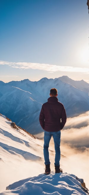 A snow mountain occupies most of the picture, and a man stands on the edge of the cliff, with his back to the camera. sunrise, warm light, Stylish