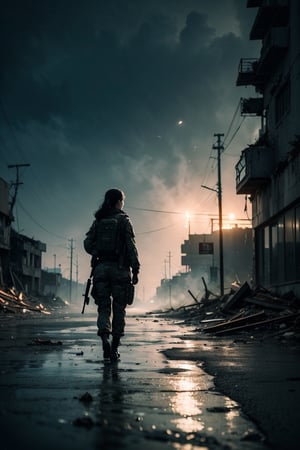 "A woman soldier walks away on the streets of war ruins. There is reflective water on the ground. Three bombing plans dropped bombs in the sky."
((dark night)), neon lights, action scene, ultrarealism, cinematic, ultra high definition, hyper realistic, high detailed, 8K, intricate details, art station, wallpaper, official art, splash art, sharp focus, (Slightly Cinematic), SAI Enhance, cinematic still,