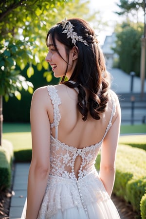 a teen girl, 18 years old, smile, modern long lace Wedding Dresses For The Bold Bride, wedding_band, in the middle of garden, luxury jewelry, high resolution, photorealistic, photo, realism, LinkGirl, aesthetic portrait, (( 3/4 body portrait)), flower_hair_ornament, viewed_from_behind
