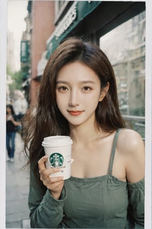 1girl, hold a cup of Starbucks's style , portrait of a girl, aoqun, Chinese style, clear polaroid, film, rough feeling, shanghai old street, long hair, hair blowing in the wind, flower leaves falling, smile, coolness, realistic, high resolution, high detail, photo, RAW, real life, xxmix_girl, FilmGirl,