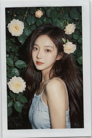 1girl, portrait of a girl, aoqun, Chinese style, clear polaroid, film, rough feeling, garden full of roses, night, long hair, hair blowing in the wind, flower leaves falling, smile, coolness, realistic, high resolution, high detail, photo, RAW, real life, xxmix_girl, FilmGirl