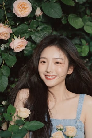 1girl, portrait of a girl, aoqun, Chinese style, clear polaroid, film, rough feeling, garden full of roses, night, long hair, hair blowing in the wind, flower leaves falling, smile, coolness, realistic, high resolution, high detail, photo, RAW, real life, xxmix_girl