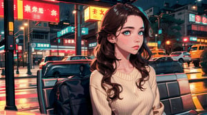 (1girl), ((beautiful eyes, long wavy hairs, brown hair, Hair tousled by the breeze)), Hongkong street, sitting at a bus stop, at a rainy night, (side look:1.5), sweater