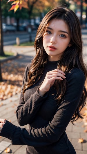 (1girl), ((beautiful eyes, long wavy brown hair)), masterpiece, best quality, photography, campus, autumn, fallen leaves on the ground, (Long Sleeve Mini Dress: 1.3), super detail eyes, (portrait, half body: 1.5),