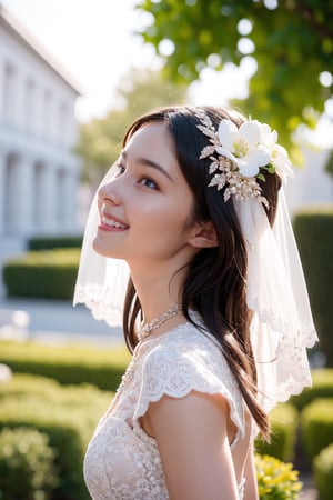 a teen girl, 18 years old, smile, modern long lace Wedding Dresses For The Bold Bride, wedding_band, in the middle of garden, luxury jewelry, high resolution, photorealistic, photo, realism, LinkGirl, aesthetic portrait, (( 3/4 body portrait)), flower_hair_ornament, viewed_from_side