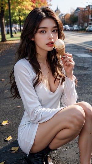 (1girl), ((beautiful eyes, long wavy brown hair)), ((perfect limbs, long legs:1.3)), masterpiece, best quality, photography, campus, autumn, fallen leaves on the ground, (black, Long Sleeve, deek v neck, Mini Dress: 1.3), super detail eyes, (portrait, half body: 1.5), (eating ice-cream: 1.3)