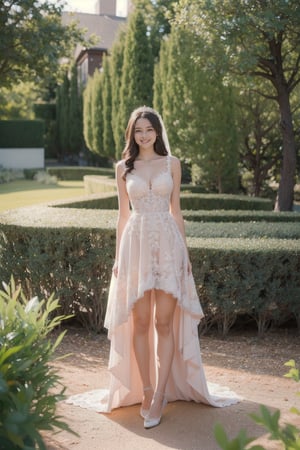 a teen girl, 18 years old, smile, modern long lace Wedding Dresses For The Bold Bride, wedding_band, in the middle of garden, luxury jewelry, high resolution, photorealistic, photo, realism, LinkGirl, aesthetic portrait, ((full-body_portrait)), flower_hair_ornament,