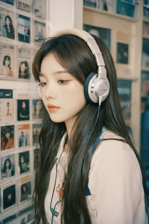 1girl inside a CD store and wearing a headset, close eye, enjoy music, portrait of a girl,  Chinese style, clear polaroid, film, long hair, coolness, realistic, high resolution, high detail, photo, RAW, real life, xxmix_girl, FilmGirl,