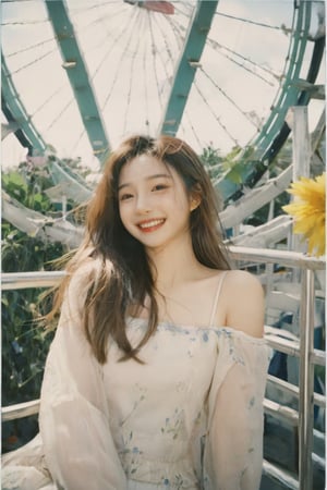 1girl, portrait of a girl, aoqun, Chinese style, clear polaroid, film, rough feeling, inside the ferris wheel, long hair, hair blowing in the wind, flower leaves falling, smile, coolness, realistic, high resolution, high detail, photo, RAW, real life, xxmix_girl, FilmGirl,