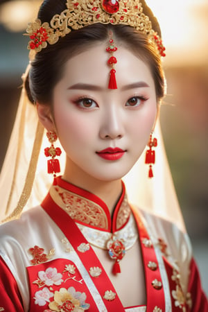 (Masterpiece, top quality, best quality, raw photo, one 20 year old Chinese new bride, wearing Chinese traditional wedding dress, precious jewelry, see viewer, clean background, detailed skin, pores, high resolution, HDR, light on face , detailmaster2,