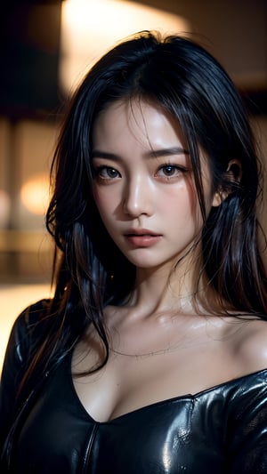 (black leather dress), (masterpiece),((ultra-detailed)), beautiful long wavy brown hair, Detailed beautiful delicate eyes, brown eye pupil, a face of perfect proportion, 20s, slender face, small breast, close up camera, focus on eyes, asian girl, (dark night: 1.8), (dim and faint light on face: 1.8),