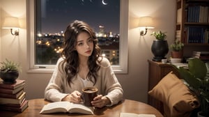 (1girl), ((beautiful eyes, long wavy hairs, brown hair, Hair tousled by the breeze)),
a peaceful and relaxing scene, with a girl sitting on a windowsill overlooking a city, with soft colors and night lighting, some plants and books around her, a cup of coffee on the desk, leonardo, (night: 1.5),