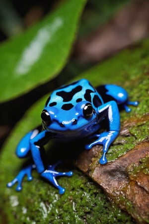 Extreme Detailed,
close up shot for a blue Poison dart frog, Shiny black eyes,