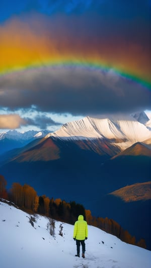 the Meili Snow Mountain occupies most of the picture, and a man stands on the edge of the cliff, with his back to the camera. rainbow, Stylish