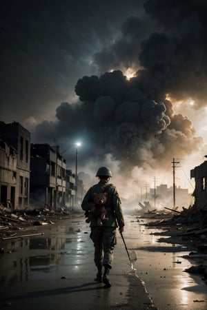 "A soldier holds a teddy bear in his hands and walks away on the streets of war ruins. Thick smoke rises from the bombed-out buildings. There is reflective water on the ground."
((dark night)), neon lights, action scene, ultrarealism, cinematic, ultra high definition, hyper realistic, high detailed, 8K, intricate details, art station, wallpaper, official art, splash art, sharp focus, (Slightly Cinematic), SAI Enhance, cinematic still, ww1ger,