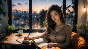 (1girl), ((beautiful eyes, long wavy hairs, brown hair, Hair tousled by the breeze)),
a peaceful and relaxing scene, with a girl sitting on a windowsill overlooking a city, with soft colors and night lighting, some plants and books around her, a cat sleeping on her lap, a cup of coffee on the desk,High detailed 