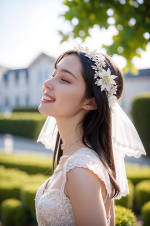 a teen girl, 18 years old, smile, modern long lace Wedding Dresses For The Bold Bride, wedding_band, in the middle of garden, luxury jewelry, high resolution, photorealistic, photo, realism, LinkGirl, aesthetic portrait, (( 3/4 body portrait)), flower_hair_ornament, viewed_from_side, ((closed_eyes))