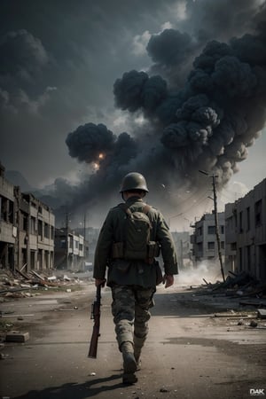 "A soldier, rifle in hand, walks into the distance on a street of war ruins. Thick smoke rises from bombed-out buildings."
dark light, action scene, ultrarealism, cinematic, ultra high definition, hyper realistic, high detailed, 8K, intricate details, art station, wallpaper, official art, splash art, sharp focus, (Slightly Cinematic), SAI Enhance, cinematic still, ww1ger,