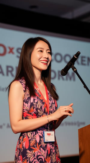 The image shows a woman standing in front of a microphone, speaking or giving a presentation. She is smiling warmly and appears confident and engaged. She has long, dark hair and is wearing a colorful, patterned sleeveless dress. Around her neck is a lanyard with a name badge, which is "YY Gao". In the background, the blurred text suggests that the setting might be at a TEDx event or a similar conference. The overall atmosphere appears professional and positive , with the woman likely being a speaker or presenter at the event.,YYG