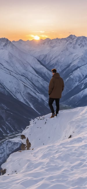 A snow mountain occupies most of the picture, and a man stands on the cliff's edge, with his back to the camera. sunrise, warm light, Stylish