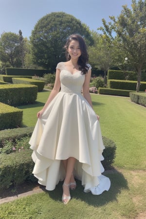 a teen girl, 18 years old, smile, modern long white Wedding Dresses For The Bold Bride, wedding_band, in the middle of garden, luxury jewelry, high resolution, photorealistic, photo, realism, LinkGirl, aesthetic portrait, ((full-body_portrait)), flower_hair_ornament,
