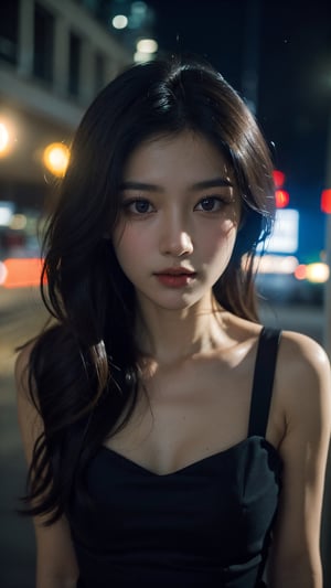 (dress), (masterpiece),((soft light)), beautiful long wavy brown hair, Detailed beautiful delicate eyes, brown eye pupil, a face of perfect proportion, 20s, skinny, small breast, close up camera, focus on eyes, (dark: 1.8), (night: 1.6), Hongkong street,