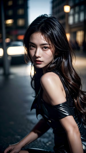 (short dress), (masterpiece),((ultra-detailed)), Overhead lights illuminate beautiful long wavy brown hair, Detailed beautiful delicate eyes, brown eye pupil, a face of perfect proportion, 20s, slender face, close up camera,  focus on eyes, asian girl, (dark night: 1.8), soft and dim light on face,