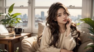 (1girl), ((beautiful eyes, long wavy hairs, brown hair, Hair tousled by the breeze)),
a peaceful and relaxing scene, with a girl sitting on a windowsill overlooking a city, with soft colors and night lighting, some plants and books around her, a cup of coffee on the desk, ,leonardo