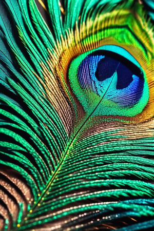 Extreme Detailed,
close up shot fora peacock feather, colorful, macro photography