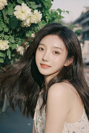 1girl, portrait of a girl, aoqun, Chinese style, clear polaroid, film, rough feeling, Shanghai Bund, long hair, hair blowing in the wind, flower leaves falling, smile, coolness, realistic, high resolution, high detail, photo, RAW, real life, xxmix_girl, FilmGirl,