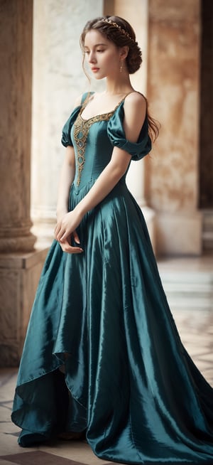 A girl is wearing a gorgeous, long tail dress, ancient Renaissance Style,
one girl, hair_past_waist,
masterpiece, realistic, blurry_background, photo epic,
// (full-body_portrait: 1.5), head to foot,
short waist, looking_at_camera
