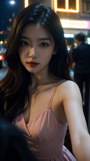 (dress), (masterpiece),((soft light)), beautiful long wavy brown hair, a face of perfect proportion, 20s, pink lipstick, small breast, close up camera, focus on eyes, (dark: 1.8), (night: 1.6), Hongkong street, hands toward the camera, selfy angle,