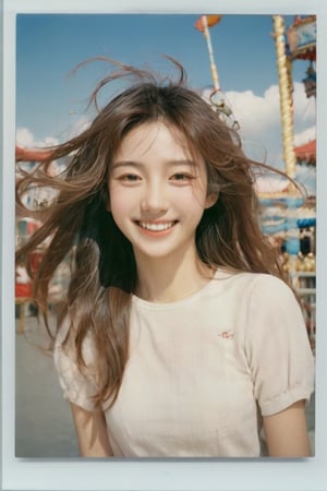1girl, portrait of a girl, aoqun, Chinese style, clear polaroid, film, rough feeling, carousel, long hair, hair blowing in the wind, smile, coolness, realistic, high resolution, high detail, photo, RAW, real life, xxmix_girl, FilmGirl,
