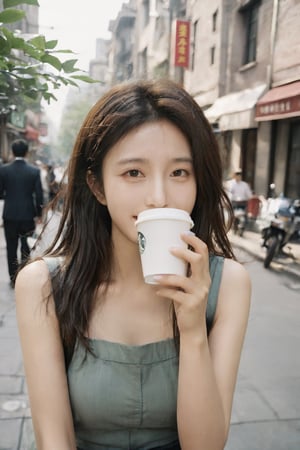 1girl, hold a Starbucks's style coffee cup, portrait of a girl, aoqun, Chinese style, clear polaroid, film, rough feeling, shanghai old street, long hair, hair blowing in the wind, flower leaves falling, smile, coolness, realistic, high resolution, high detail, photo, RAW, real life, xxmix_girl, FilmGirl,FilmGirl