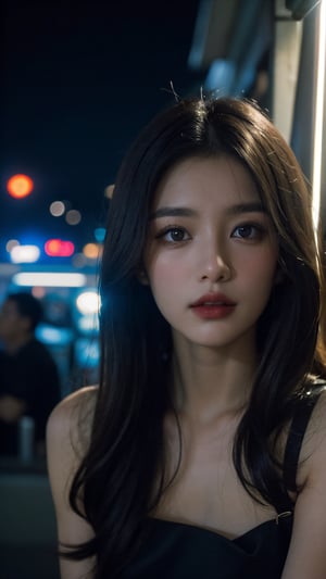 (dress), (masterpiece),((soft light)), beautiful long straight brown hair, Detailed beautiful delicate eyes, brown eye pupil, a face of perfect proportion, 20s, pink lipstick, small breast, close up camera, focus on eyes, (dark: 1.8), (night: 1.6), Hongkong street,