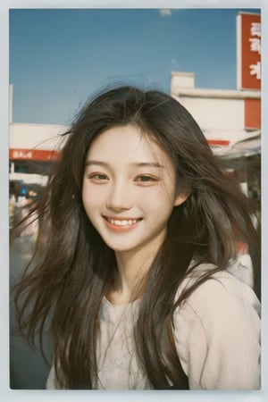 1girl super market buying grocery, portrait of a girl, aoqun, Chinese style, clear polaroid, film, rough feeling, long hair, hair blowing in the wind, smile, coolness, realistic, high resolution, high detail, photo, RAW, real life, xxmix_girl, FilmGirl,