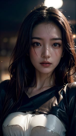 (black leather dress), (masterpiece),((ultra-detailed)), beautiful long wavy brown hair, Detailed beautiful delicate eyes, brown eye pupil, a face of perfect proportion, 20s, slender face, small breast, close up camera, focus on eyes, asian girl, (dark night: 1.8), (dim and faint light on face: 1.8),