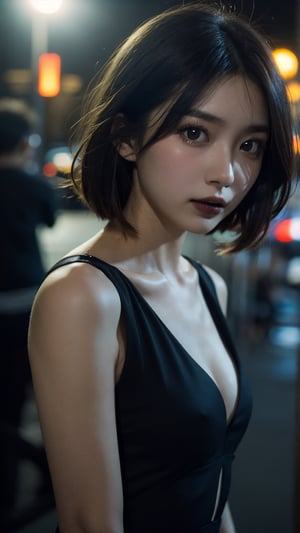 (dress), (masterpiece),((soft light)), short brown hair, Detailed beautiful delicate eyes, brown eye pupil, a face of perfect proportion, 20s, skinny, small breast, close up camera, focus on eyes, (dark: 1.8), (night: 1.6), Hongkong street,