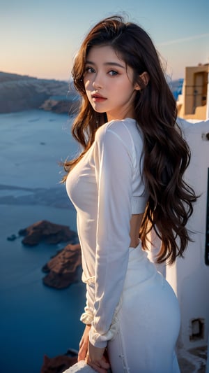 (1girl), ((beautiful eyes, long wavy hairs, brown hair, Hair tousled by the breeze: 1.6)), ((small-size Breasts:1.3)), ((slim, skinny:1.3))masterpiece, best quality, realistic, ultra high res, depth of field, (detailed face:1.2), (detailed eyes:1.2), (detailed background), (masterpiece:1.2), (ultra detailed), (best quality), intricate, comprehensive cinematic, photography, (gradients), colorful, detailed landscape, visual key, shiny skin, ((Porno_Actor, Santorini background:1.4)), (endless sea view: 1.4), (Long Sleeve Tops: 1.4)