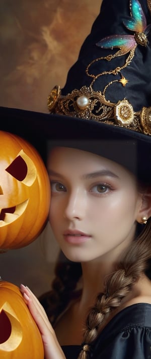 ((1 girl with Halloween costume and wizard hat holding a halloween pumpkin , in the halloween night festival,adorable, happy)), Opulence and sofistication, intricate and colorful image of the girl with the pearl earring wearing a time-piece outfit with ultra detailed glowing fractal glass elements, professional cinematic results, sense of awe and beauty, hyperdetailed face, 8k UHD, sharp focus on eyes , johannes vermeer style,Digital painting ,  colorful rendition ,steampunk style, hazel eyes, shap focus on eyes ,Monster,arcane, prismatic glow elements ,ColorART,  warm brown eyes,art by sargent