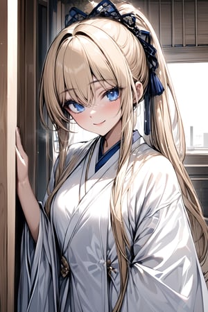 (((masterpiece))),  (((best quality))),  ((ultra-detailed)),  (illustration),blonde_hair,long_hair,pony_tail,blue_eyes,smile,uchikake