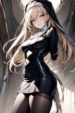 (((masterpiece))),  (((best quality))),  ((ultra-detailed)),  (illustration),blonde_hair,long_hair,pony_tail,blue_eyes,black thighhighs,(nun),smile,